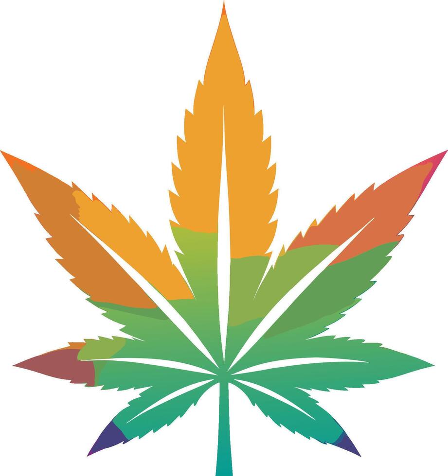 Cannabis leaf, stylized, colorful gradient, orange to green to purple, symmetrical, iconic, art, minimalist design, vibrant colors vector