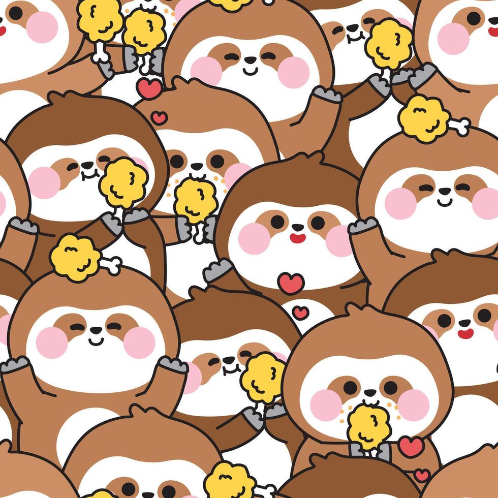 Repeat.Seamless pattern of cute sloth in various poses with fried chicken background.Food.Wild animal character cartoon.Image for card,sticker,baby clothing,print screen.Kawaii. vector