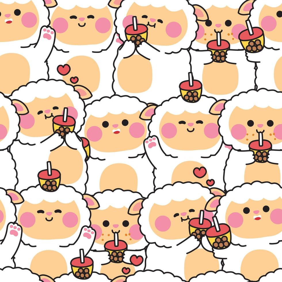 Repeat.Seamless pattern of cute sheep in various poses with bubble milk tea background.Sweet.Farm animal character cartoon.Image for card,sticker,baby clothing,print screen.Kawaii. vector