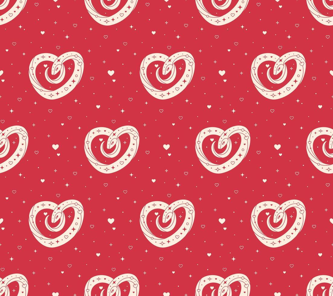 Seamless pattern with heart shaped snake on red background for Valentine's day design vector
