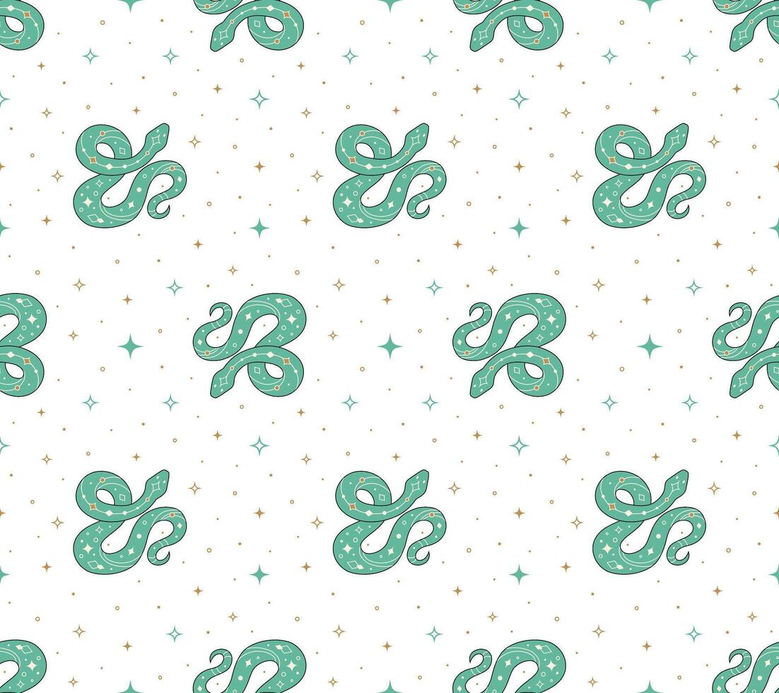 Seamless pattern with mystical green snake and abstract Y2K figures, stars on white background. vector