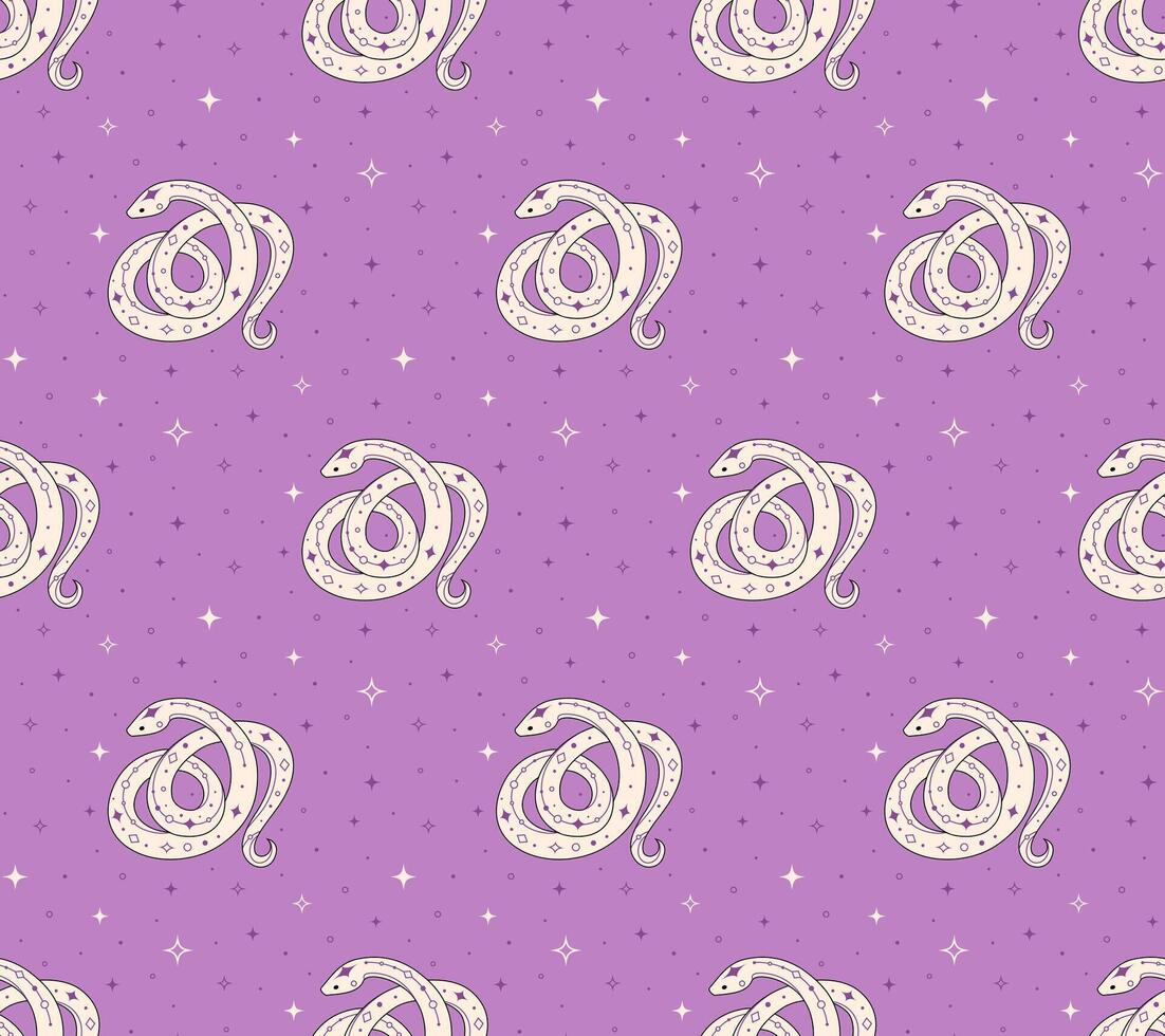 Seamless pattern with snake and abstract stars, stars on purple background vector