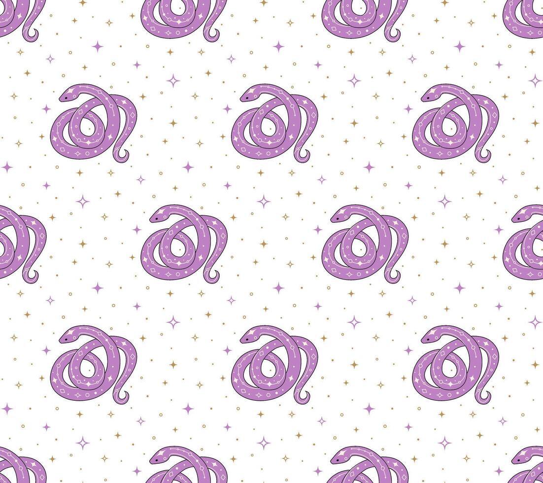 Seamless pattern with purple snake and abstract stars, stars on white background vector