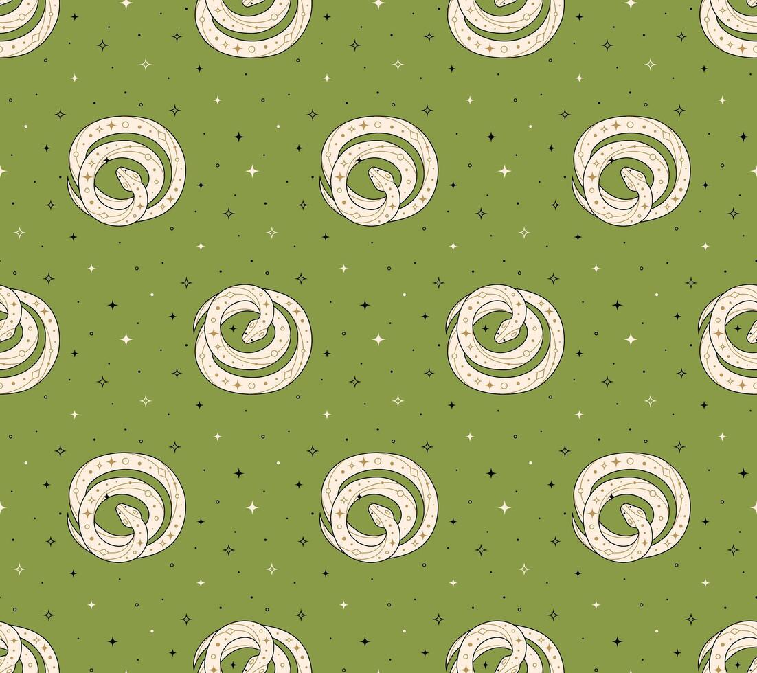 Seamless pattern of coiled snake on green background in flat style vector