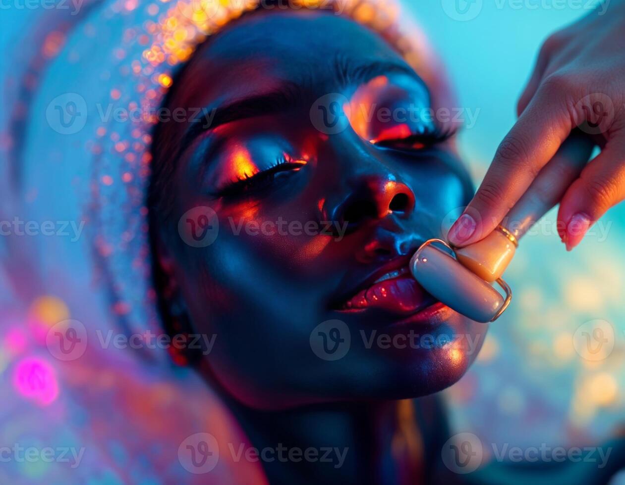 Portrait of a beautiful African American woman with bright make-up. Radiant Skin Treatment photo