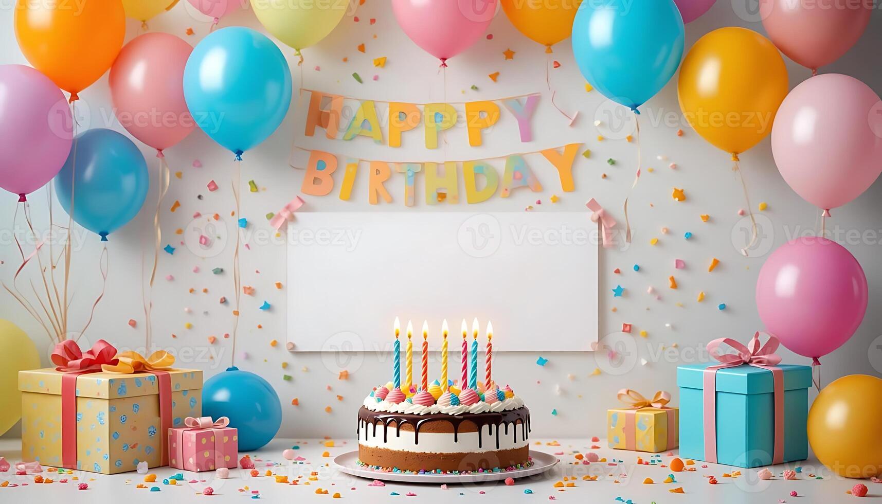 Joyful Birthday Bash Balloons, Cake, Gifts Blank Sign for Your Festive Message party happy event photo