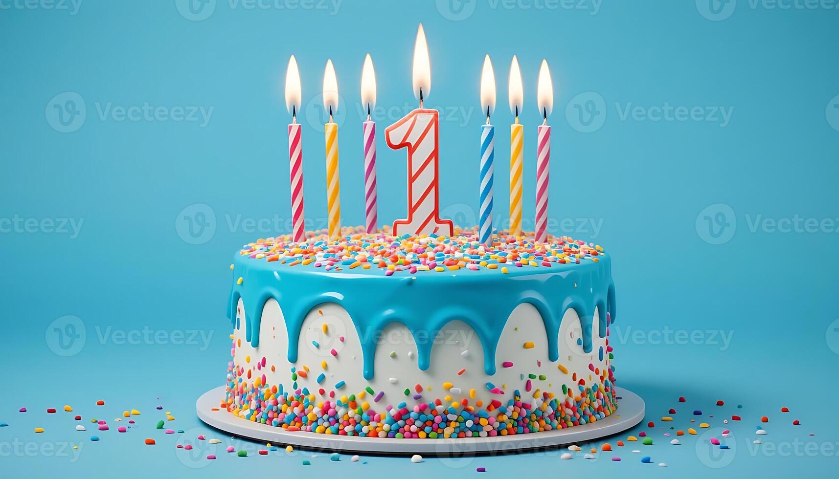 First Birthday Cake Blue Frosting, Colorful Sprinkles, Burning Candles food party sweet image bakery photo