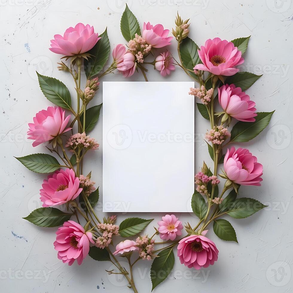 Pink Floral Delight Blank Card Mockup on Textured Surface. Perfect for invitations, announcements, photo