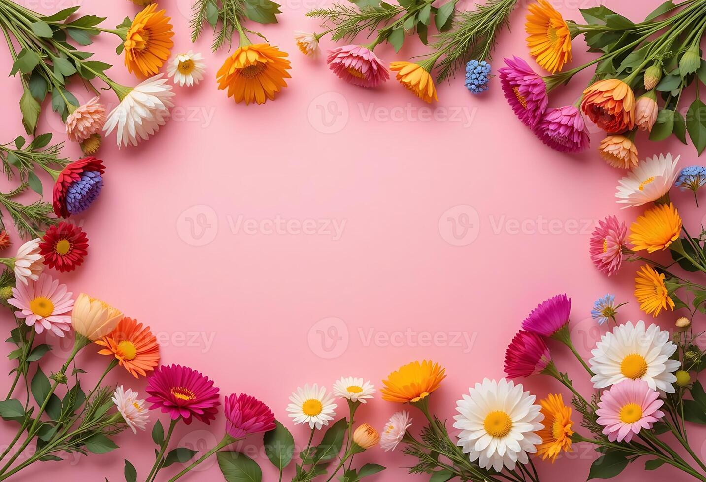 Vibrant Floral Bouquet on Pink Festive Greeting Card Design with Copy Space bright spring summer photo