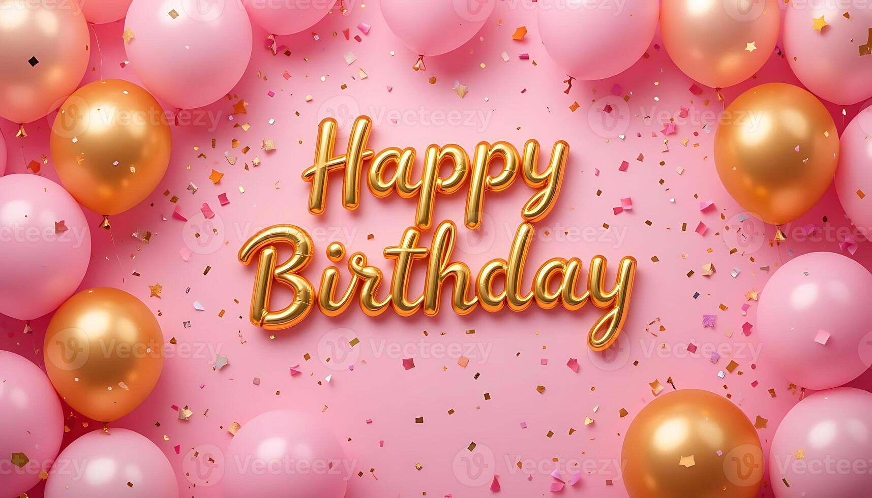 Pink Balloons Golden Confetti Happy Birthday Background Design for Festive Greeting Cards party photo