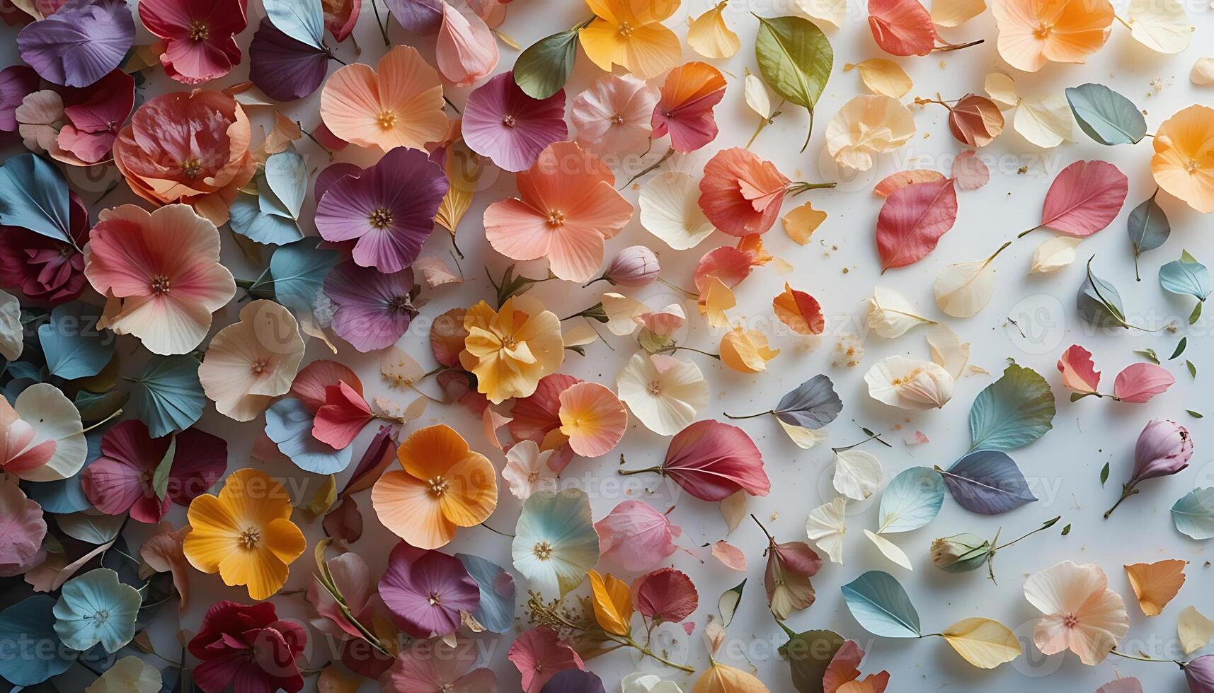Vibrant Floral Symphony Delicate Petals Leaves Dance on a Soft, Light Background, Creating a photo