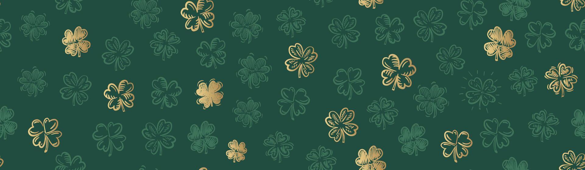 Gold Clover pattern on green, Patricks Day, hand drawn illustrations. vector