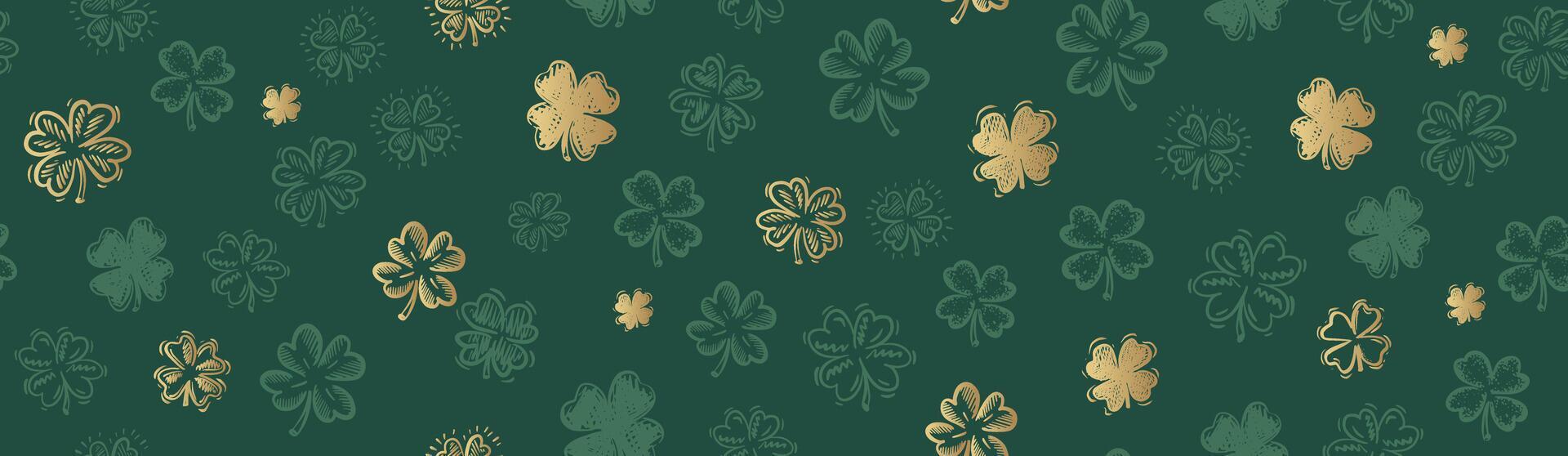 Gold and green Clover pattern, Saint Patricks Day, hand drawn illustrations. vector