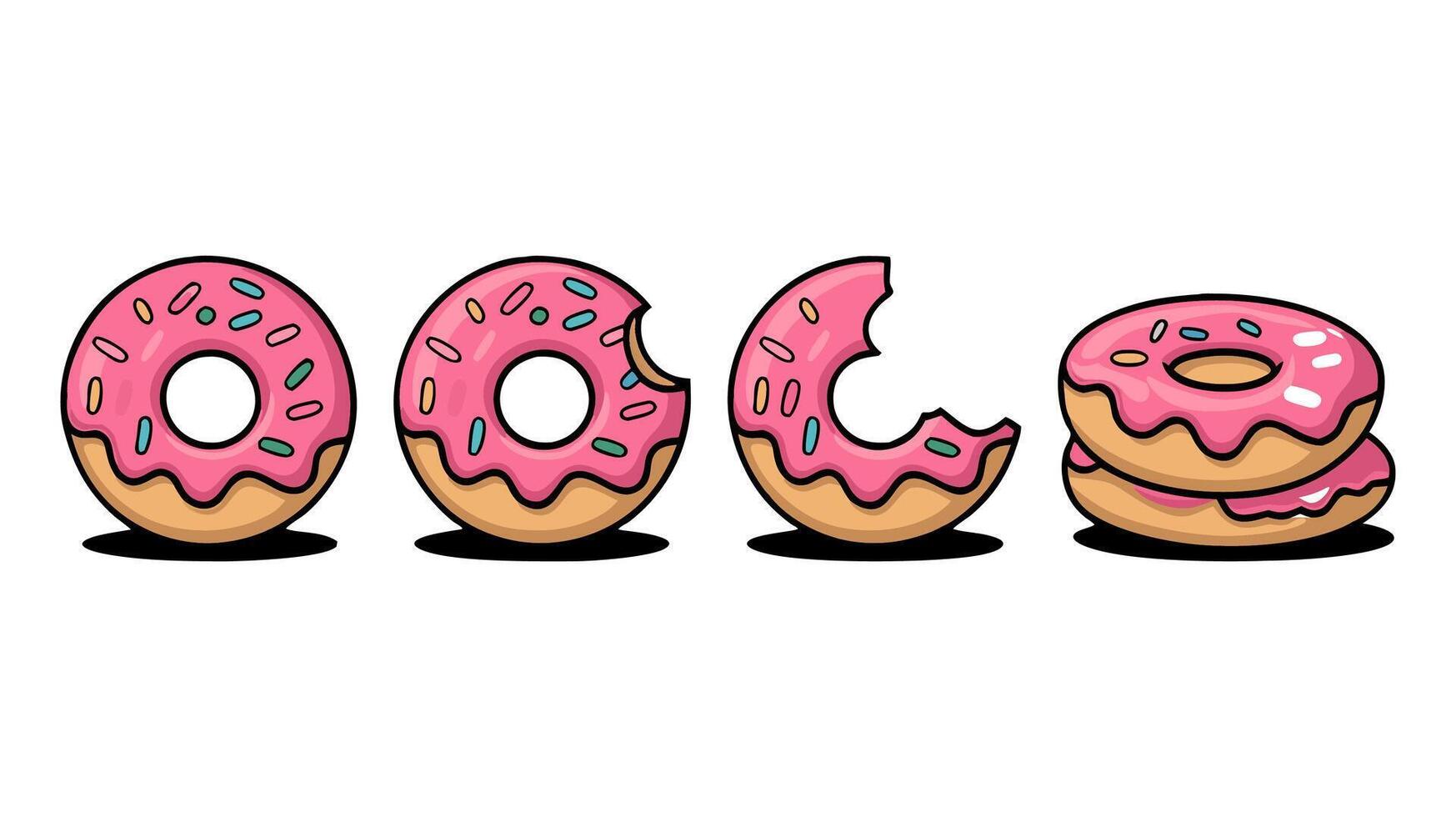 Pink Frosted Donuts with Colorful Sprinkles Different Stages of Being Eaten, Fun Cartoon Illustration, Bakery Sweets, Tasty Dessert Icons vector