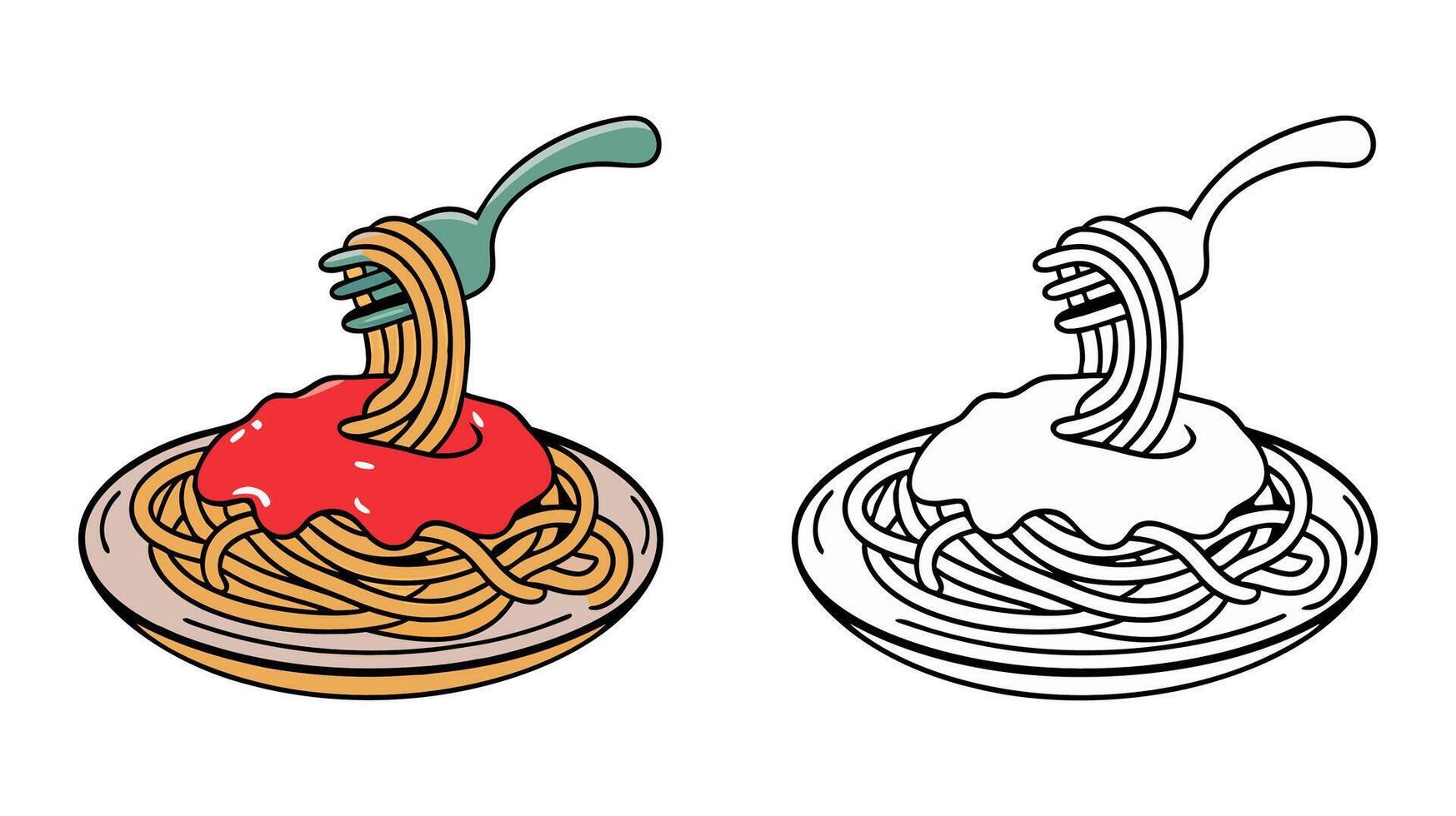 Delicious Spaghetti on Plate with Tomato Sauce and Fork Italian Pasta Food Illustration, Tasty Noodles, Cartoon Hand-Drawn , Menu Clipart, Stickers, Sublimation Design vector