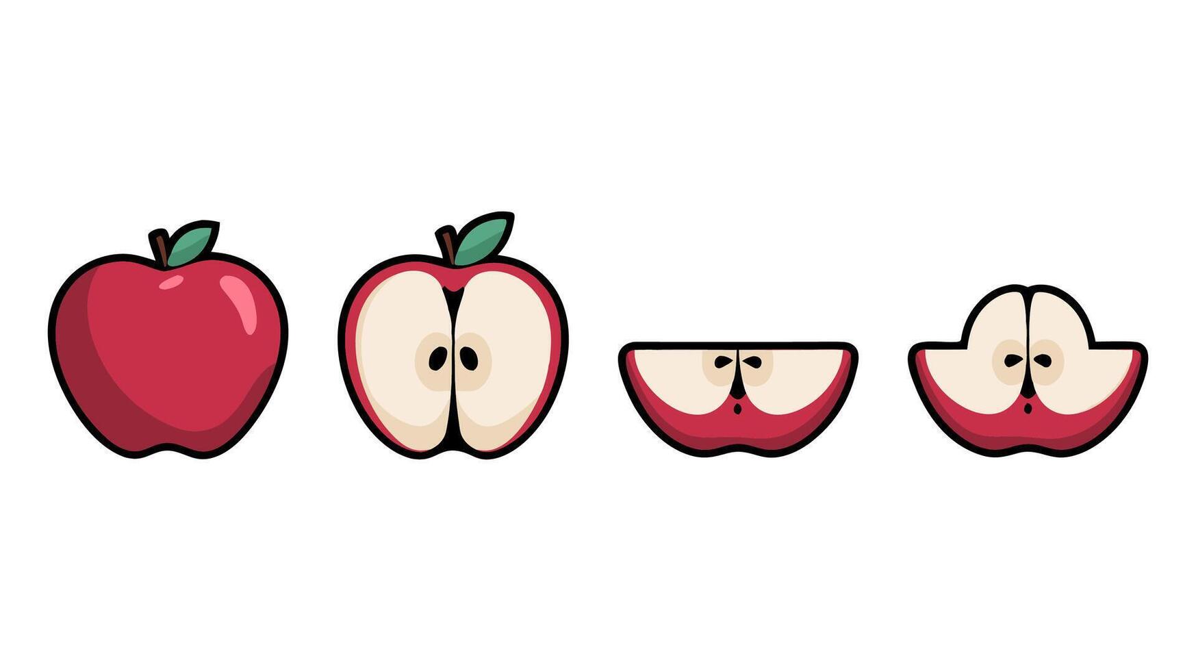Red Apple Whole and Sliced in Different Forms Fresh Fruit Illustration, Hand-Drawn Cartoon , Healthy Food, Organic Produce vector