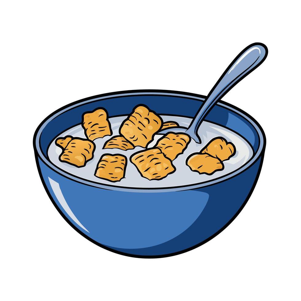 Blue Bowl of Crispy Golden Cereal with Milk and Spoon - Delicious Breakfast Icon vector