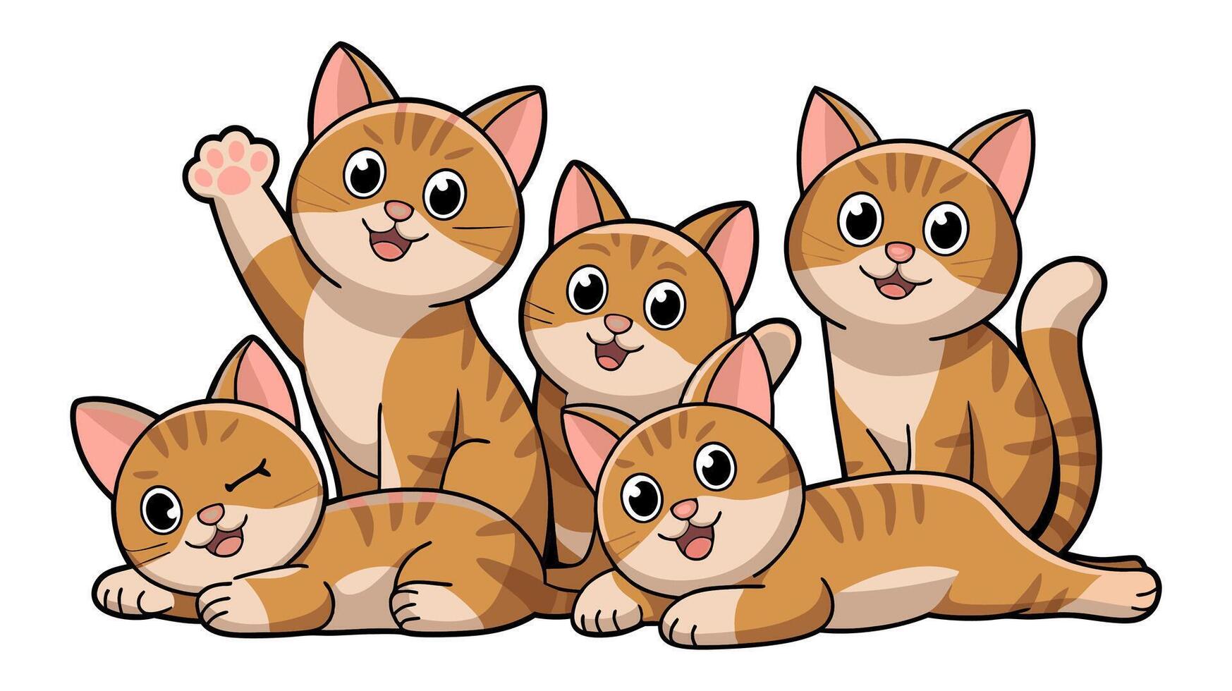 Cute Playful and Relaxed Cats in Different Poses - Cartoon Style Kitten Illustrations vector
