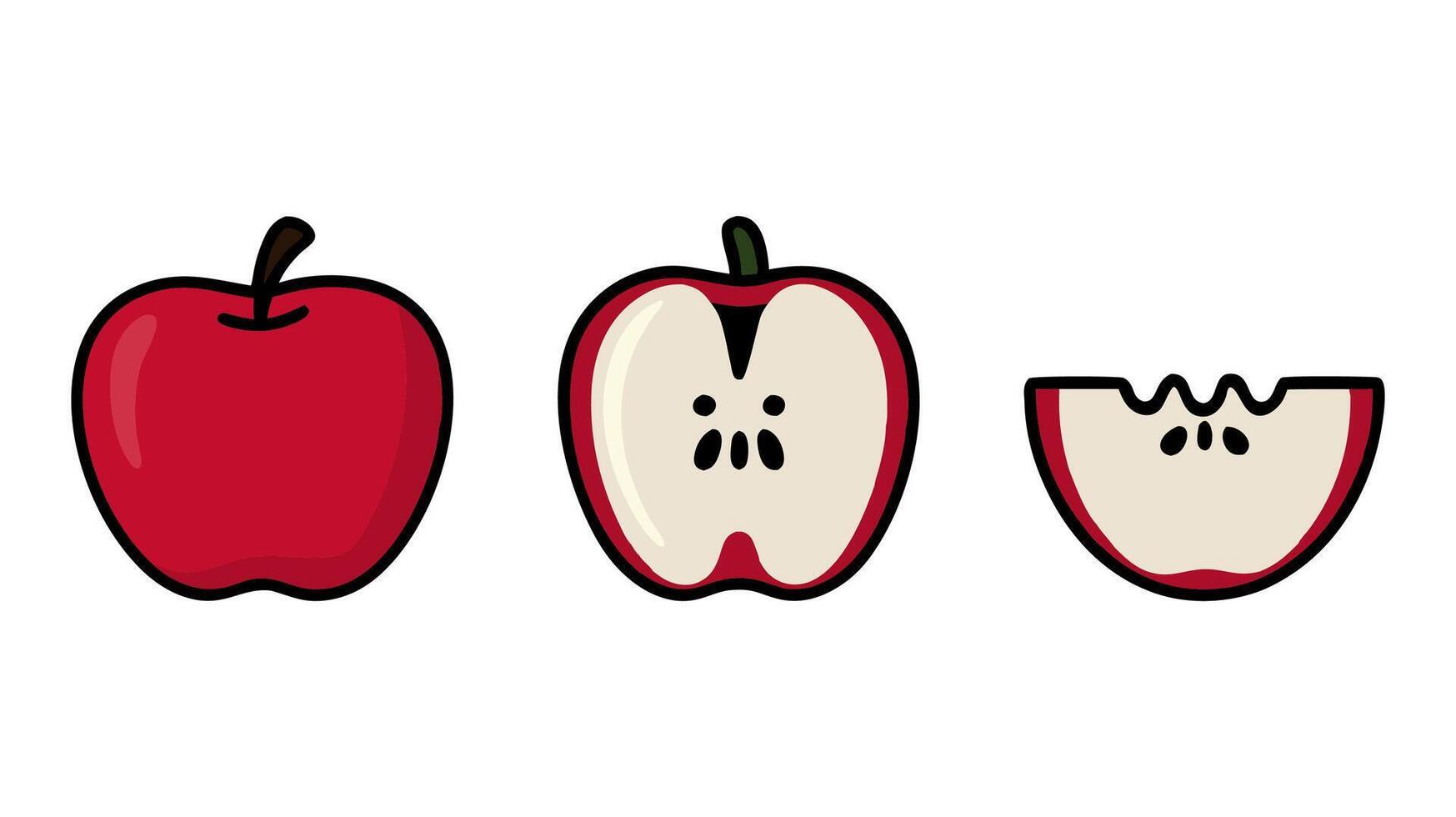 Red Apple Whole and Sliced in Different Forms, Fresh Fruit Illustration, Hand-Drawn Cartoon , Healthy Food, Organic Produce, Minimalist Clipart for Stickers, Prints, and Digital Art vector