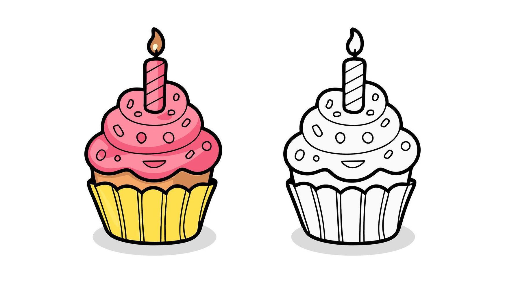 Kawaii Cute Cupcake with Pink Frosting and Birthday Candle - Cartoon Style Cupcake Icon vector