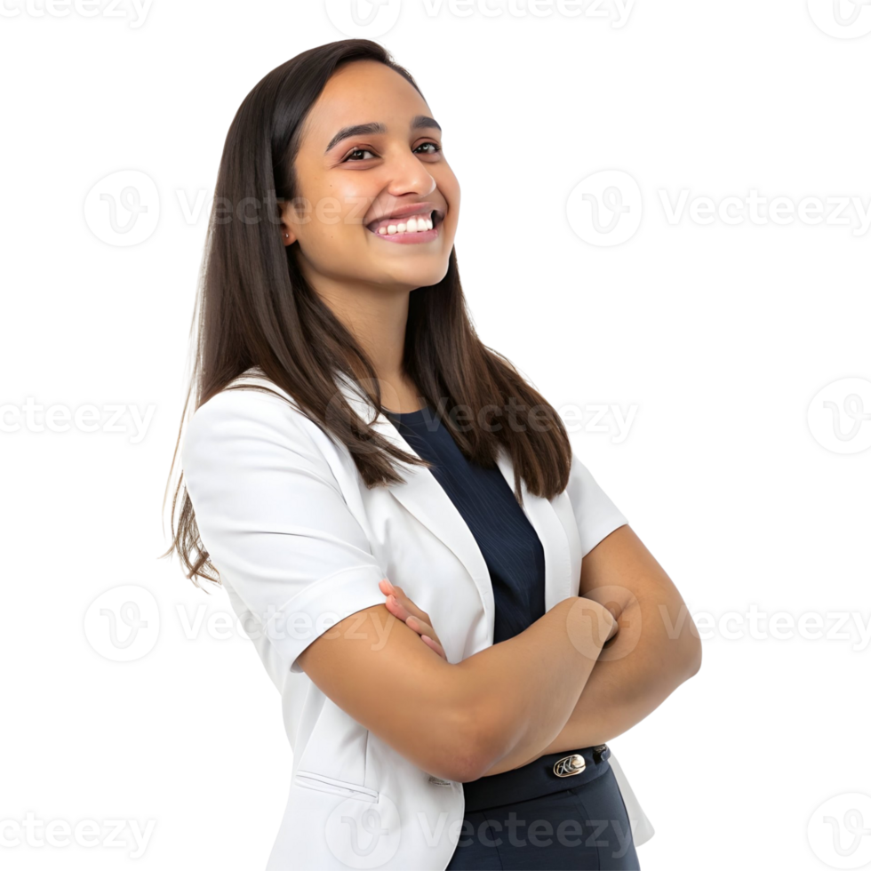Portrait of a cheerful woman standing with arms crossed, radiating positivity and confidence png