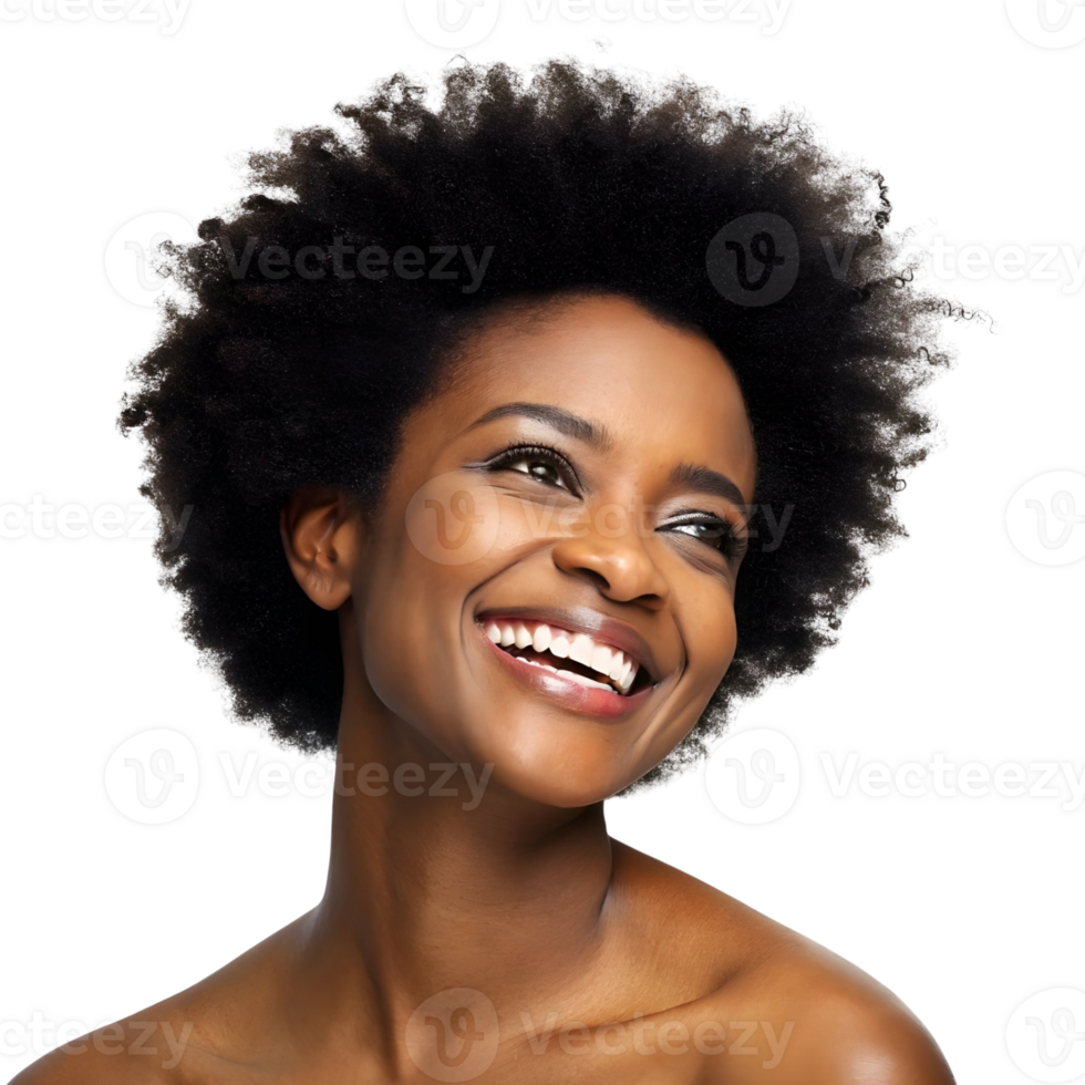 Portrait of a joyful woman with beautiful natural hair smiling widely, conveying happiness and positivity png