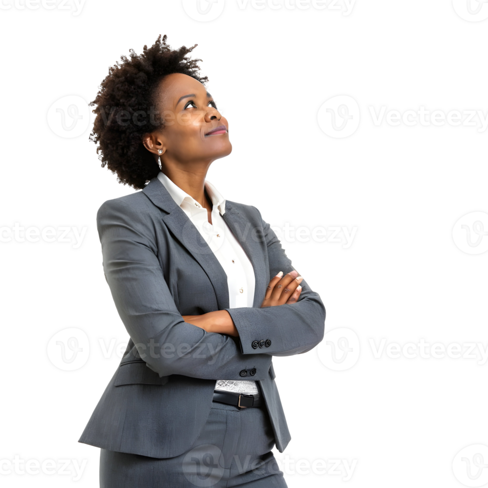 Confident Businesswoman in a Formal Suit Contemplating Future Opportunities png