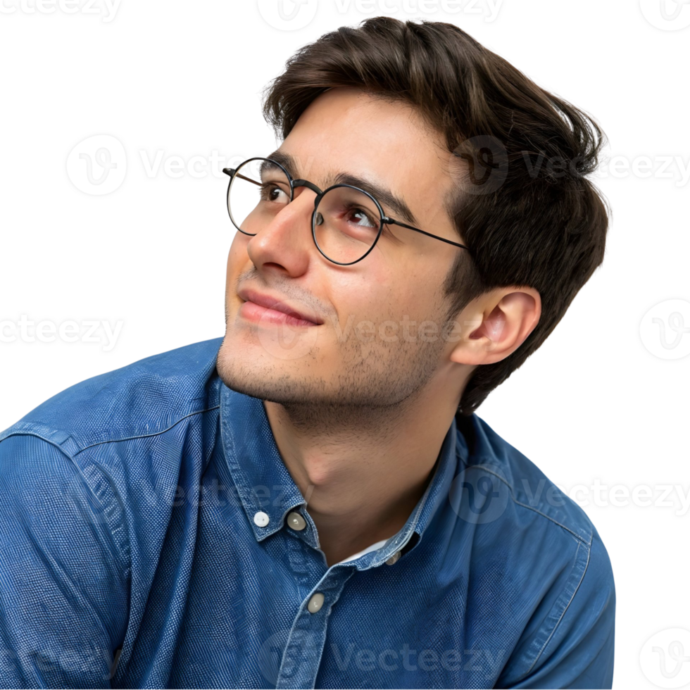 Smiling young man with glasses in casual denim shirt looking up thoughtfully in a bright environment png