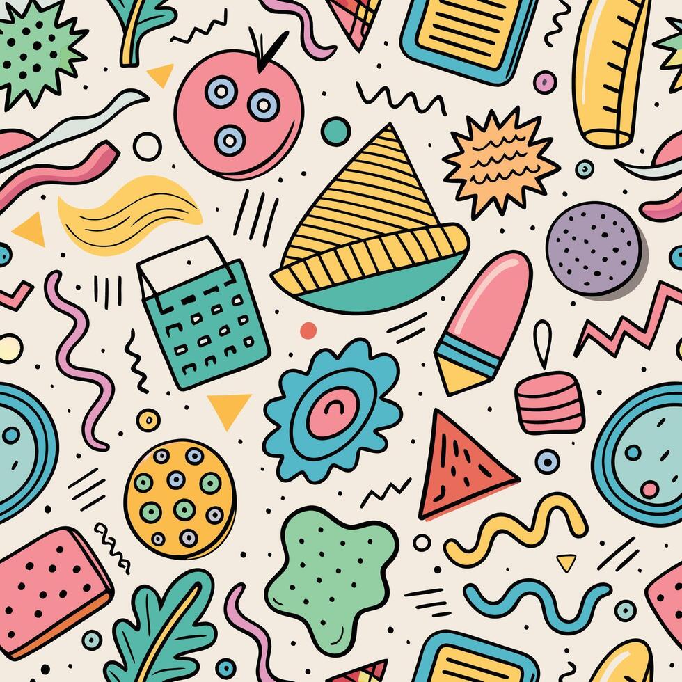 seamless pattern with colorful objects doodles, vector