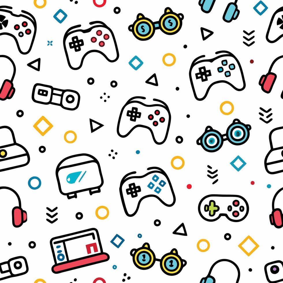 seamless pattern with game controllers and other accessories vector