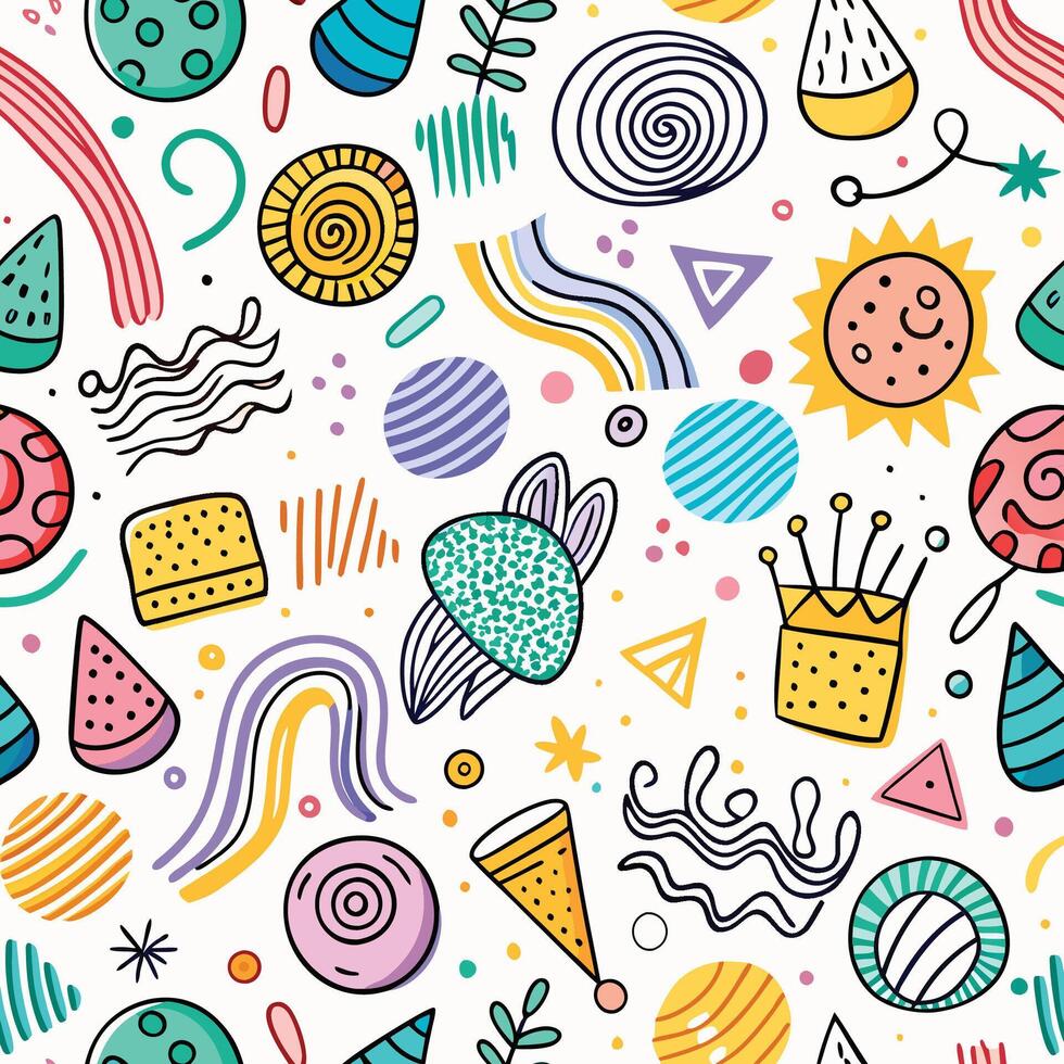 seamless pattern with colorful objects white background shapes vector