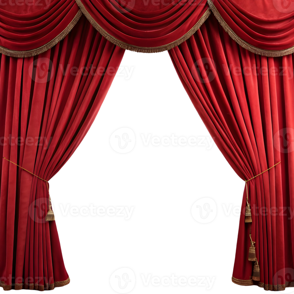 Elegant red curtains with ornate design and tassels suitable for a theater or formal setting png