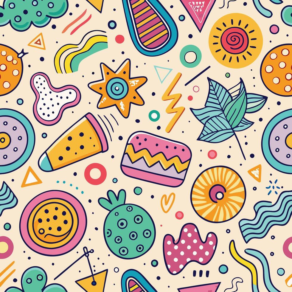 seamless pattern with colorful doodles and other objects vector