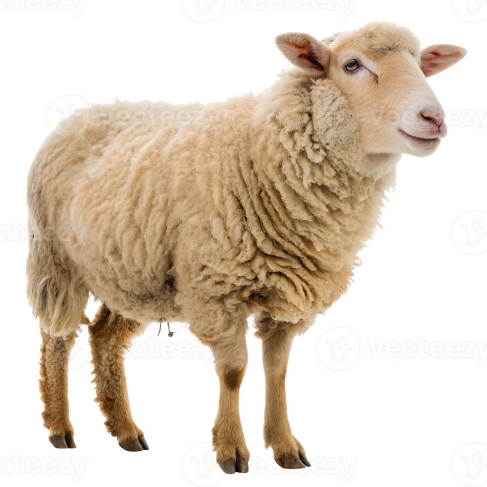 A fluffy sheep stands with a confident posture, showcasing its thick wool coat and friendly expression png