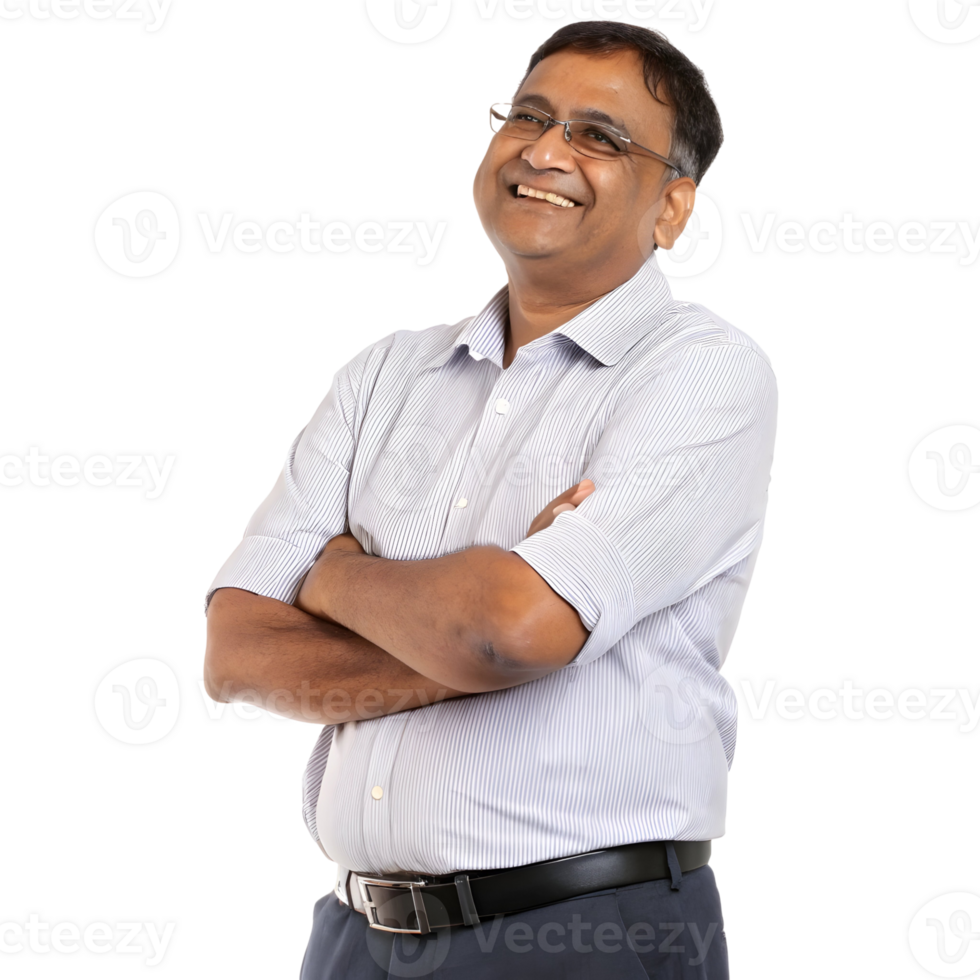 Business professional smiling confidently while standing with arms crossed in a formal setting isolated on transparent background png