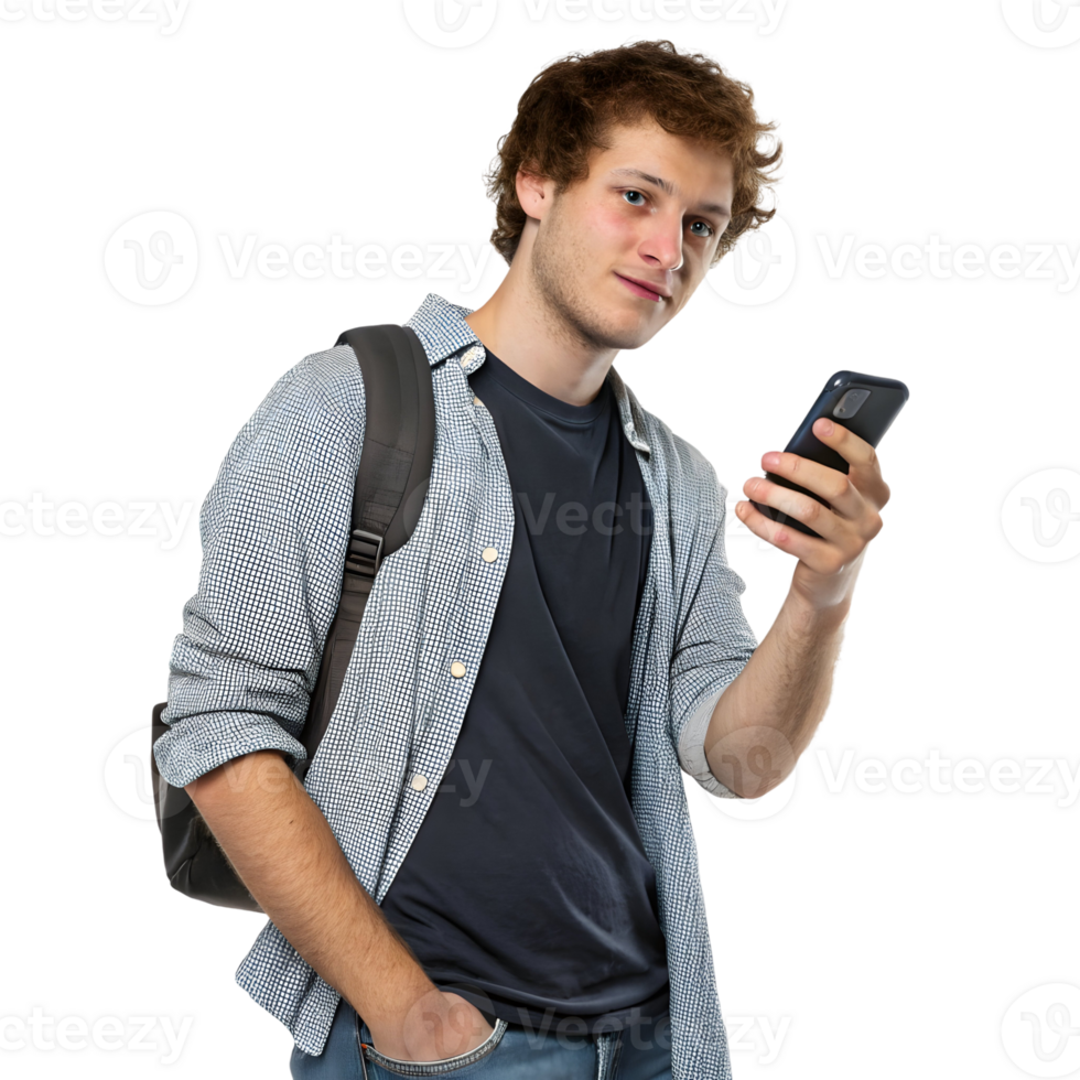 smart Young man holding smartphone in a casual setting while wearing a checked shirt and backpack, smiling confidently png