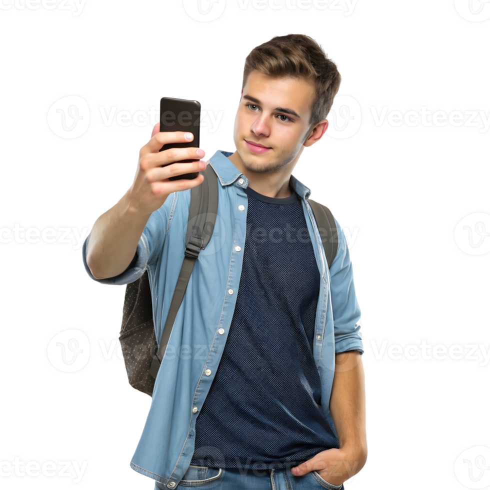 Young man holding smartphone in a casual setting while wearing a checked shirt and backpack, smiling confidently isolated on transparent background png