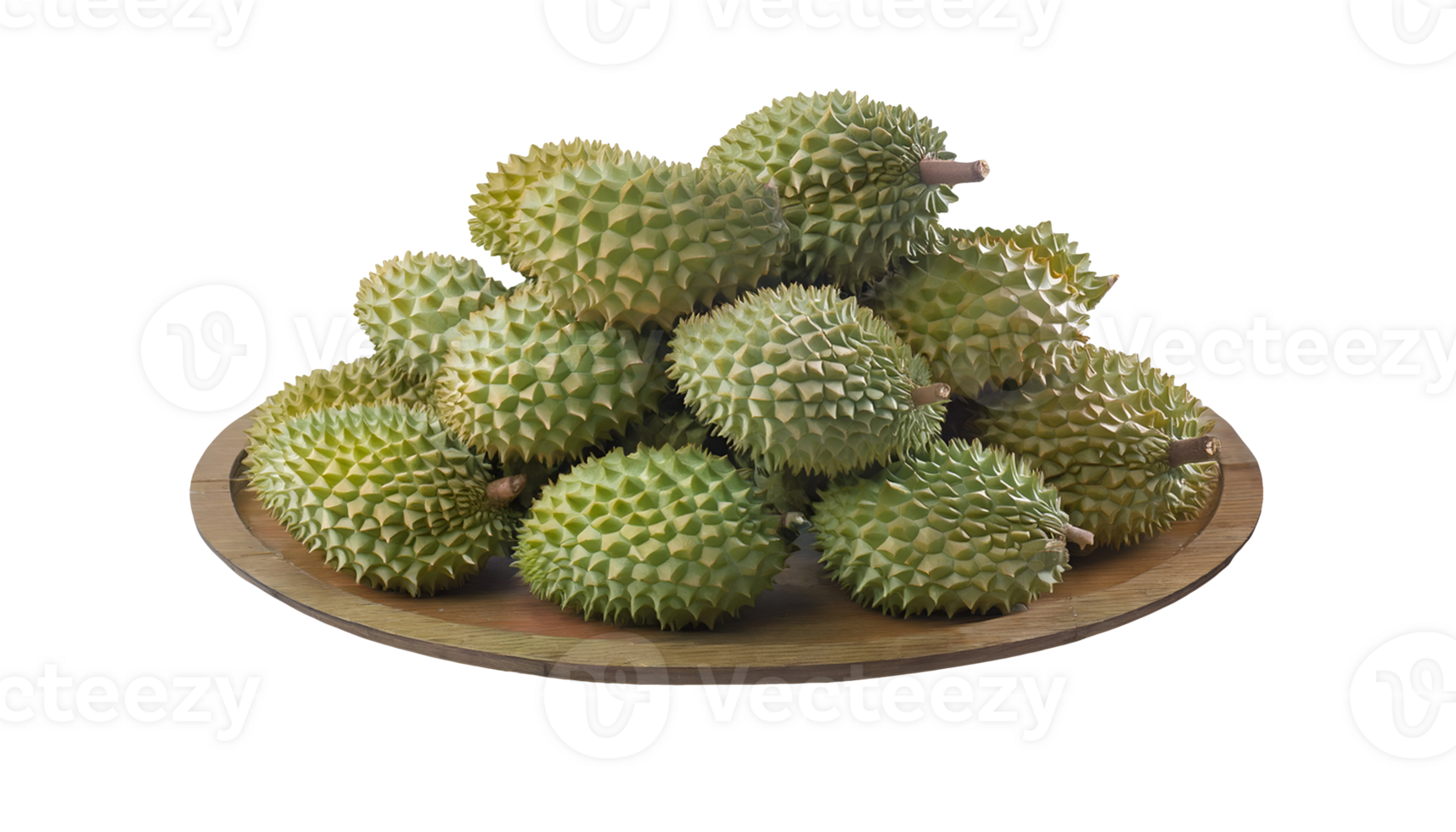 pile of fresh durians on isolated background, spiky tropical king of fruits with green shell, whole durians arranged on wooden plate, southeast asian exotic delicacy png