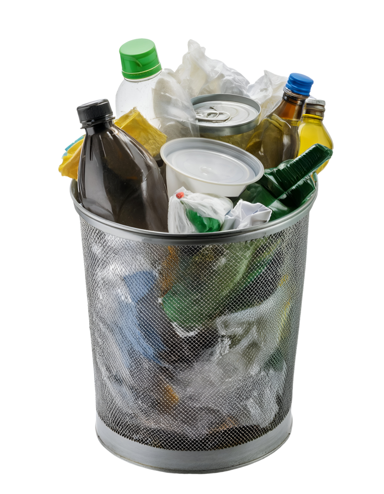 overflowing metal trash can with plastic bottles, aluminum cans, and waste on isolated background, full garbage bin with recyclable and non-recyclable waste, environmental pollution png