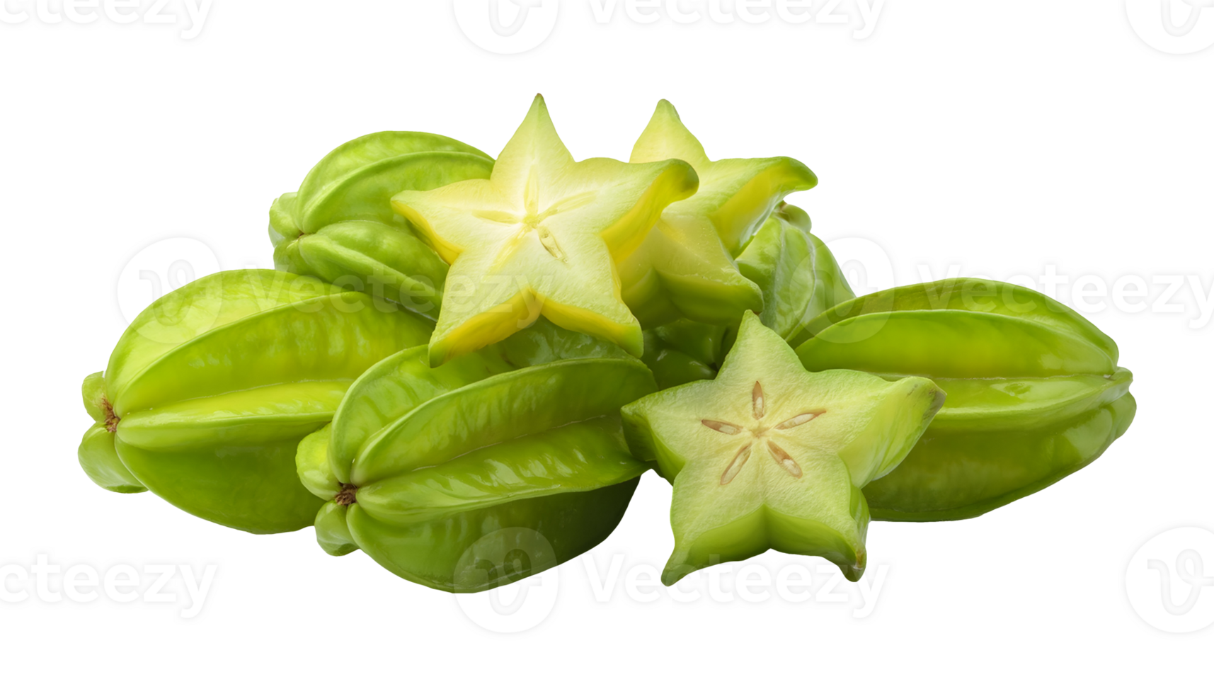 pile of whole and sliced starfruit on isolated background, fresh green-yellow carambola with glossy texture and star-shaped cross-section, tropical exotic fruit for healthy eating, smoothies, png