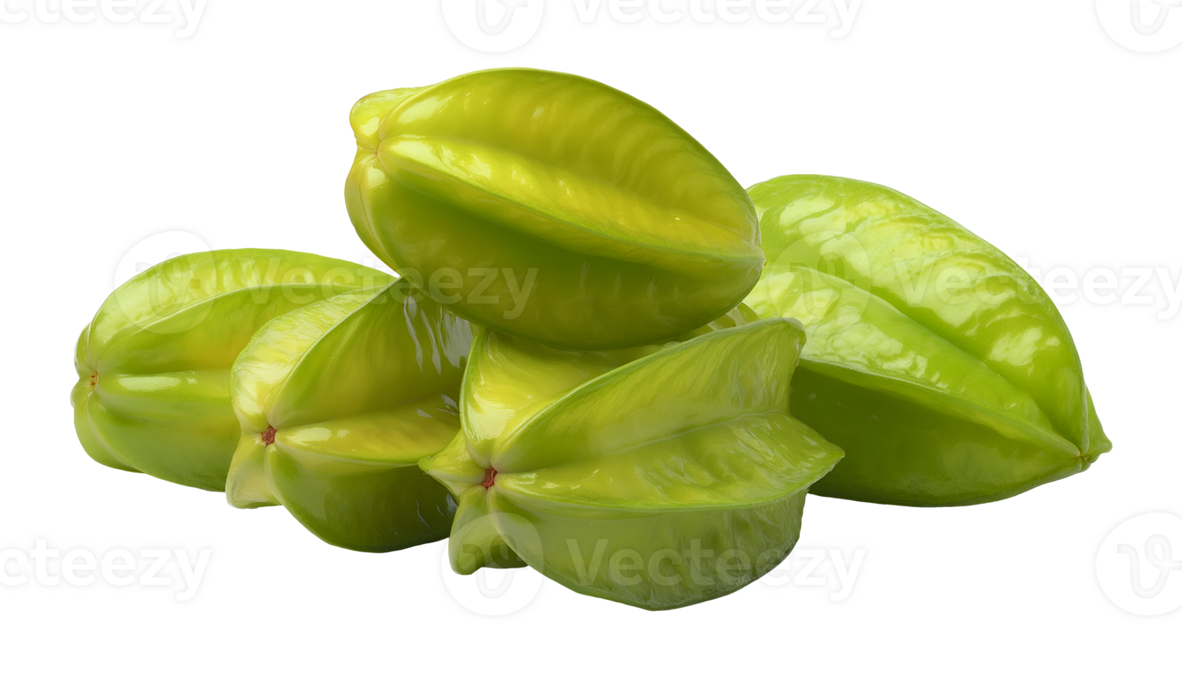 pile of whole fresh starfruit on isolated background, glossy green-yellow carambola tropical fruit with vibrant color and smooth texture, exotic ingredient for healthy eating, juice, smoothies, png