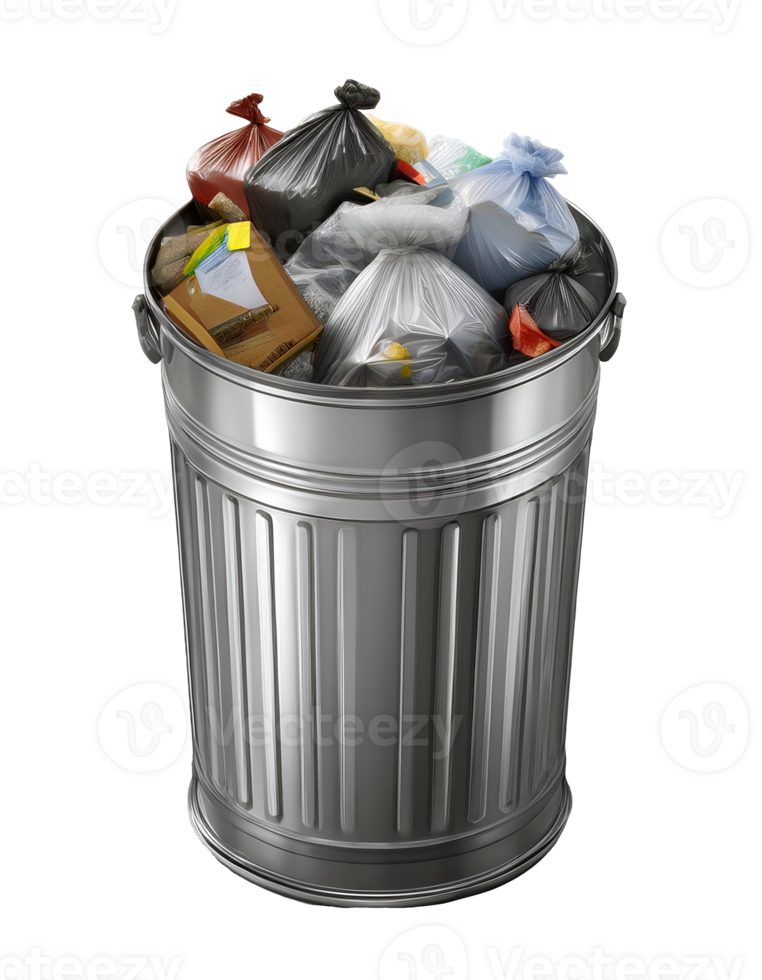 silver metal garbage can full of trash bags, overflowing waste container with mixed rubbish on isolated background for environmental pollution and waste management concept png