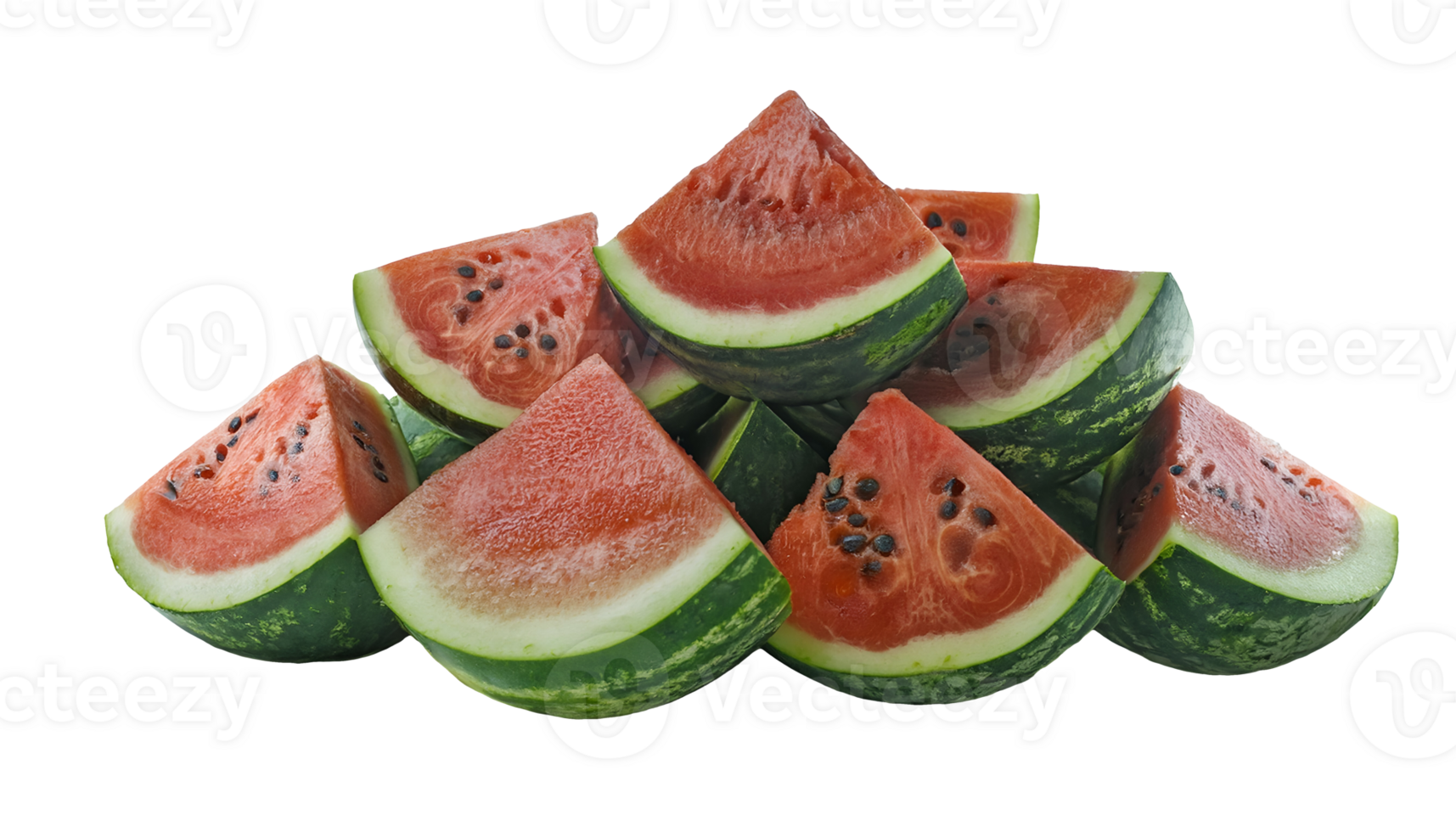 pile of fresh sliced watermelon on isolated background, juicy red fruit with black seeds and green rind, refreshing summer fruit for smoothies, desserts, hydration, and tropical recipes png