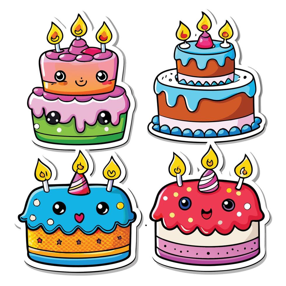 four different cake ,stickers with candles vector