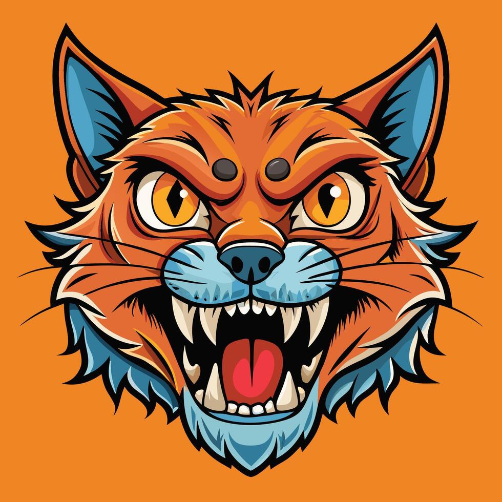a cartoon fox head with big teeth on an orange background vector