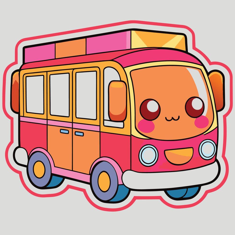 a cute bus sticker with a pink and orange color vector