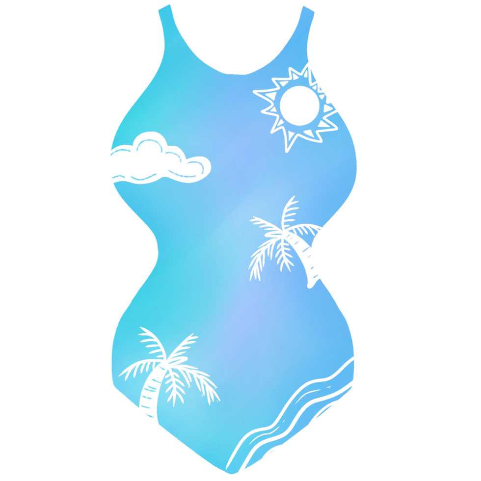 Blue one-piece swimsuit with coconut tree pattern, summer beach png