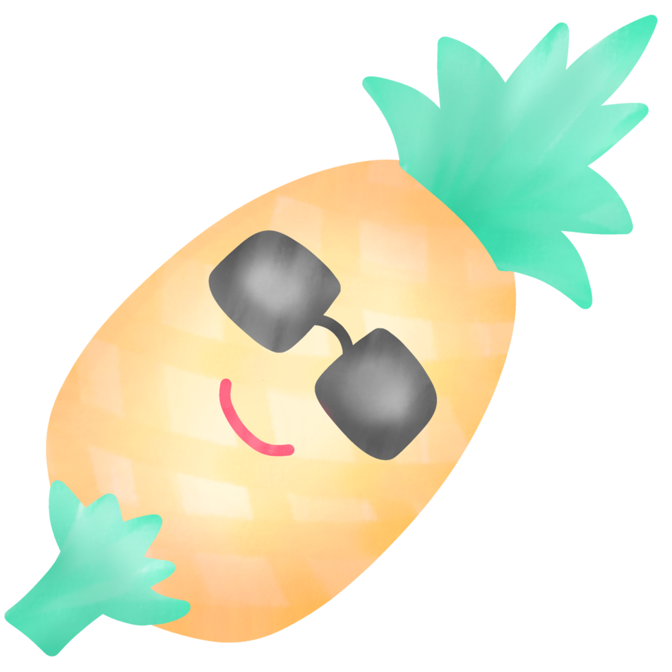 A vibrantly colored watercolor painting of a pineapple wearing sunglasses png
