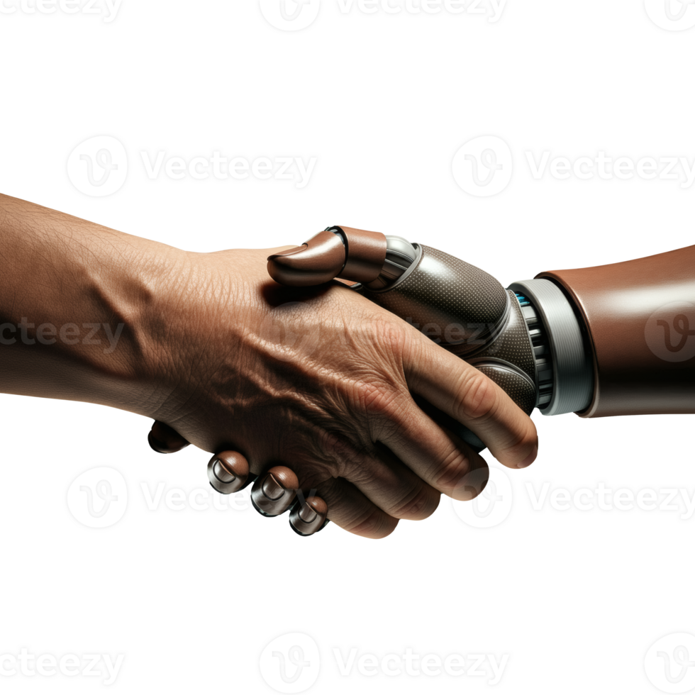 Human hand shaking robotic prosthetic hand cut out symbolizing technology AI future innovation partnership on transparent background png