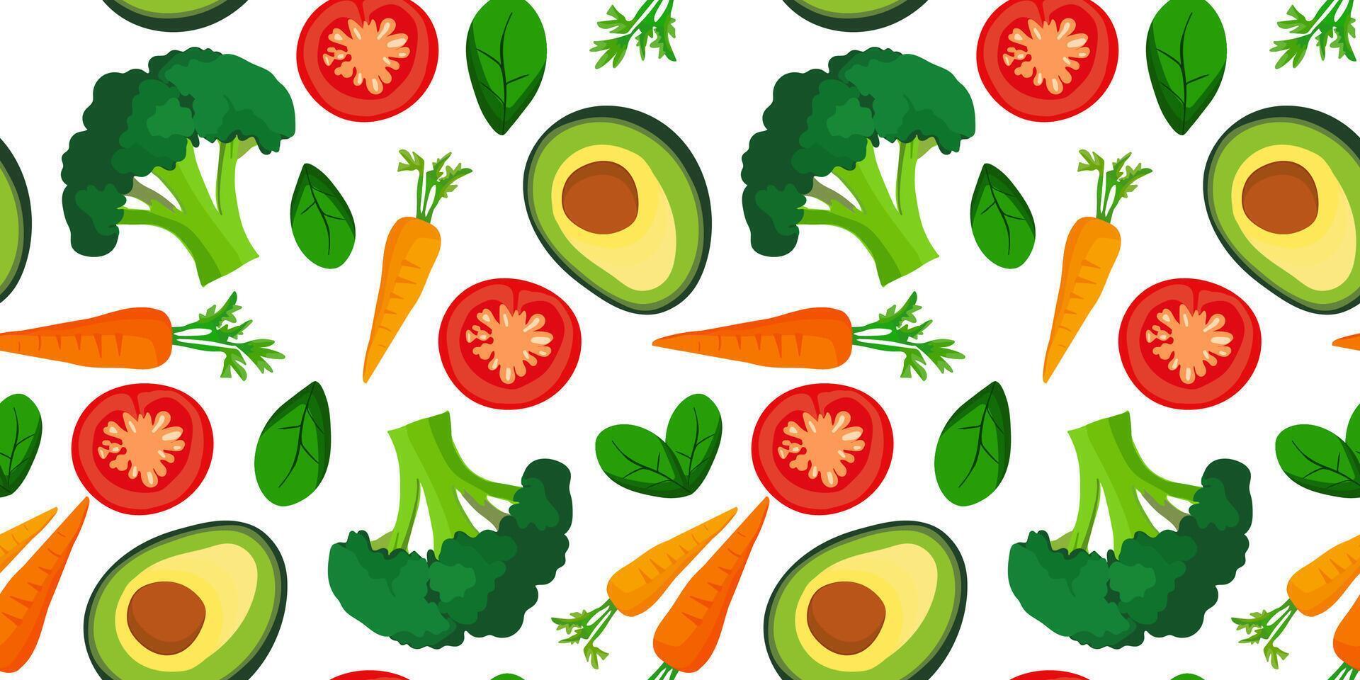 Seamless pattern featuring healthy vegetables, including avocado, broccoli, carrot, tomato, and spinach, white background, food web designs textile vector